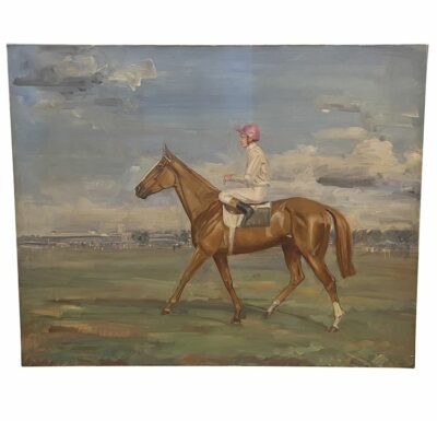 Antique French Racehorse and Jockey with Pink Helmet Original Art