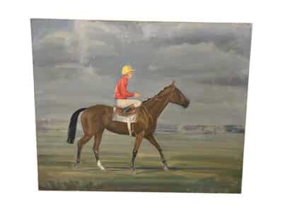 Antique French Racehorse and Jockey with Red Shirt Original Art