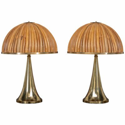 Pair of Brass Table Lamps with Curved Rattan Shades