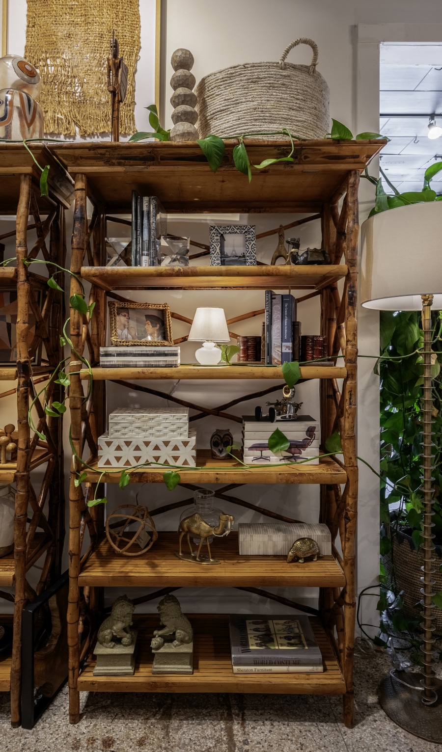 Tortoise Bamboo Five Shelf Bookcase, front view, showcasing elegant design in natural tones.