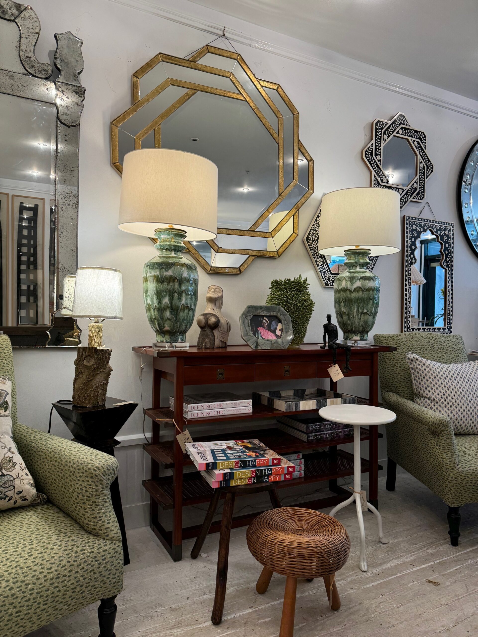 White plaster drinks table with foot detail, front view in Los Angeles.