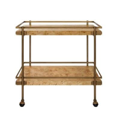 Burl Wood Antiqued Brass Bar Cart
