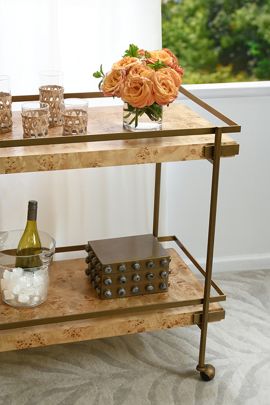 Burl Wood Antiqued Brass Bar Cart - Mecox Gardens
