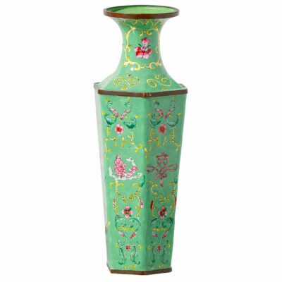 Green floral hexagonal vase with brass trim, circa 1940.