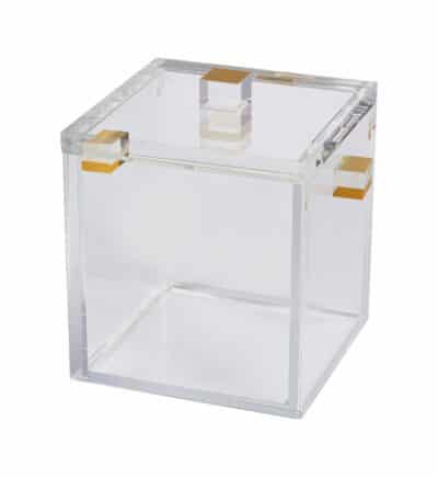 Clear acrylic ice bucket with gold accents, front view