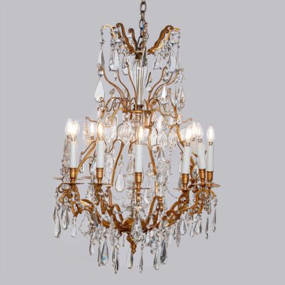Antique Italian Chandelier, Gilt Bronze with Beaded Crystal Strands and Cut Finials, Circa 1900