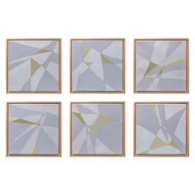 Six art pieces in transition series, featuring geometric shapes on canvas with frames, displayed against white background.