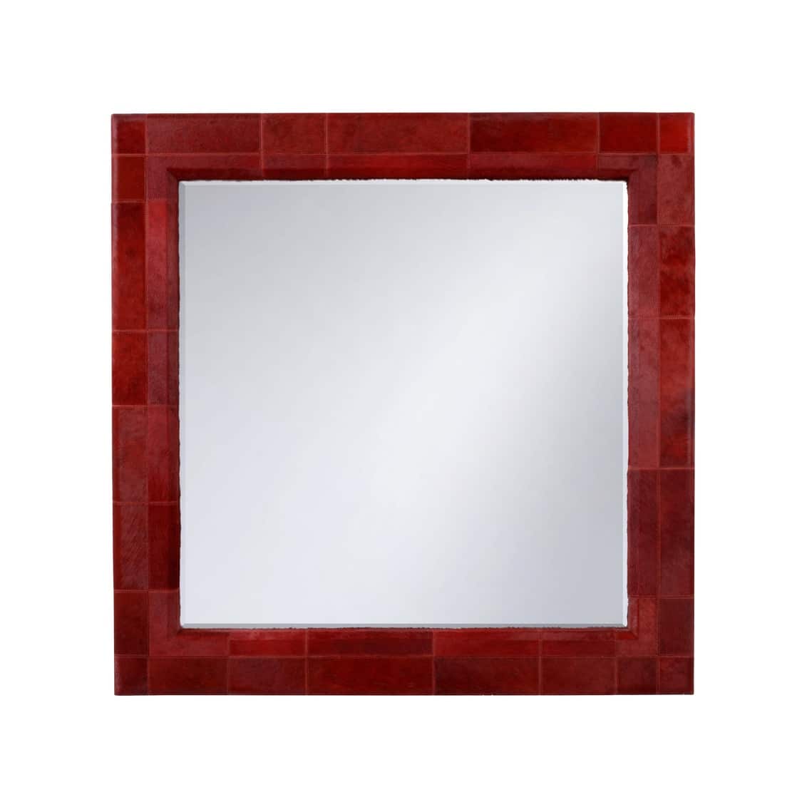 Close-up of Tauro Patterned Red Hair on Hide Wall Mirror featuring double stitch detail in modern quilted pattern.