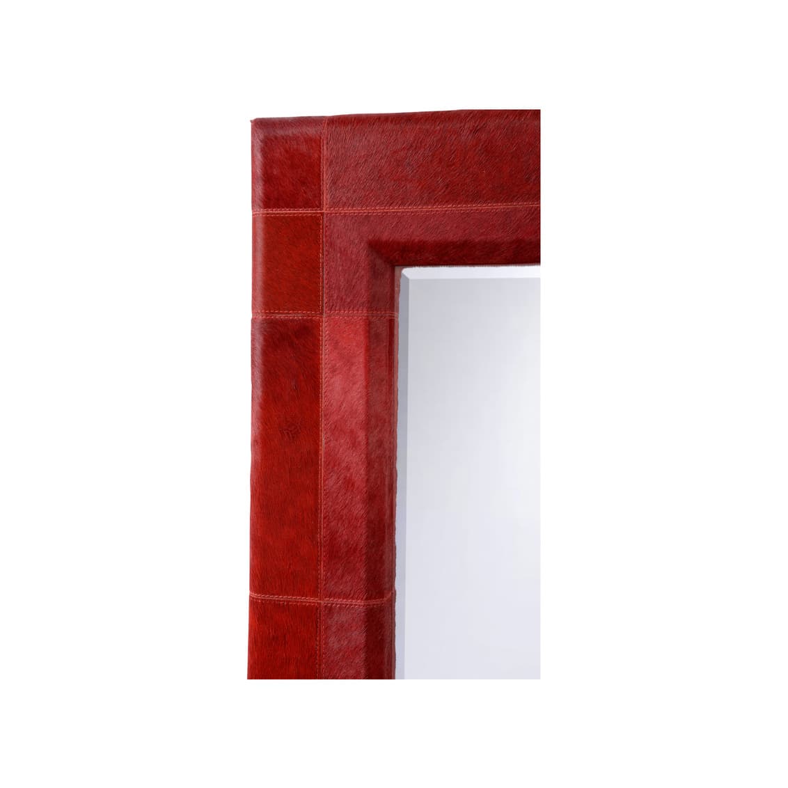 Front view of Tauro Patterned Red Hair on Hide Wall Mirror with double stitch detail.