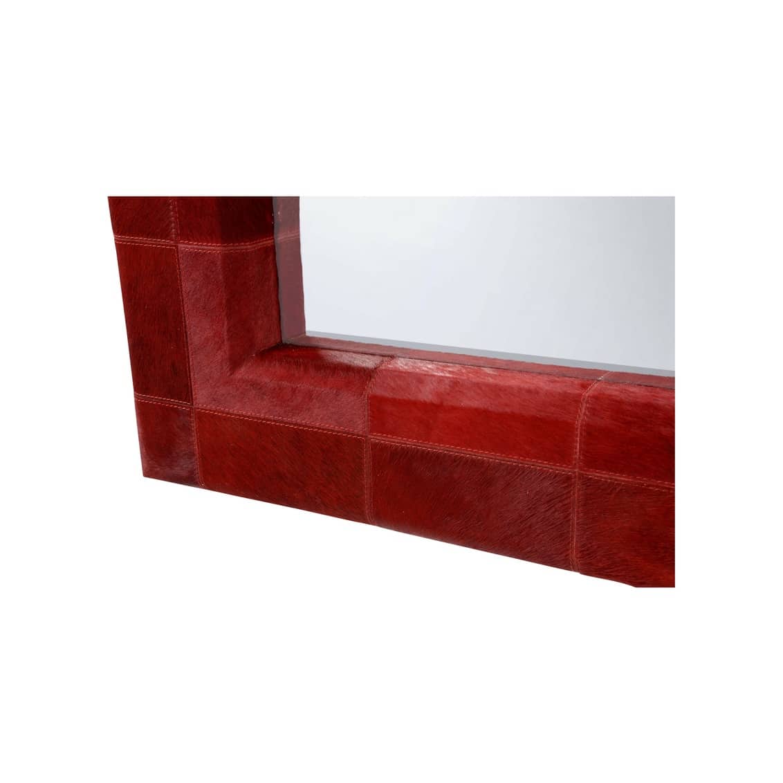 Red hair-on-hide wall mirror with quilted pattern and double stitch detail.