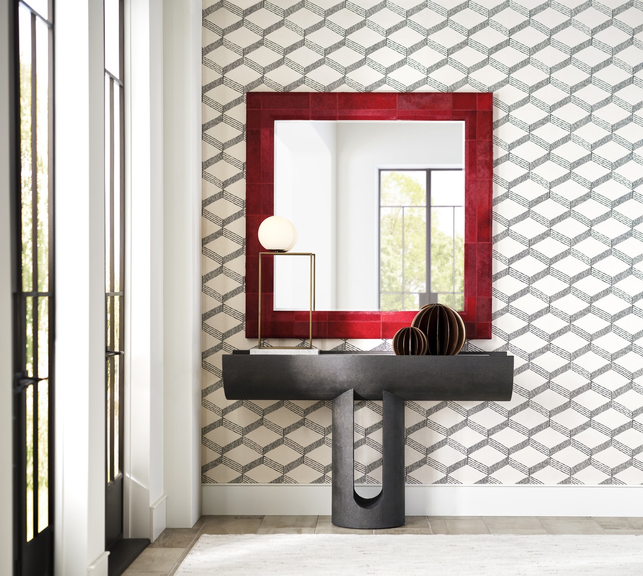 Close-up of Tauro Patterned Wall Mirror featuring double stitch detail on hair-on-hide pieces in modern quilted pattern.