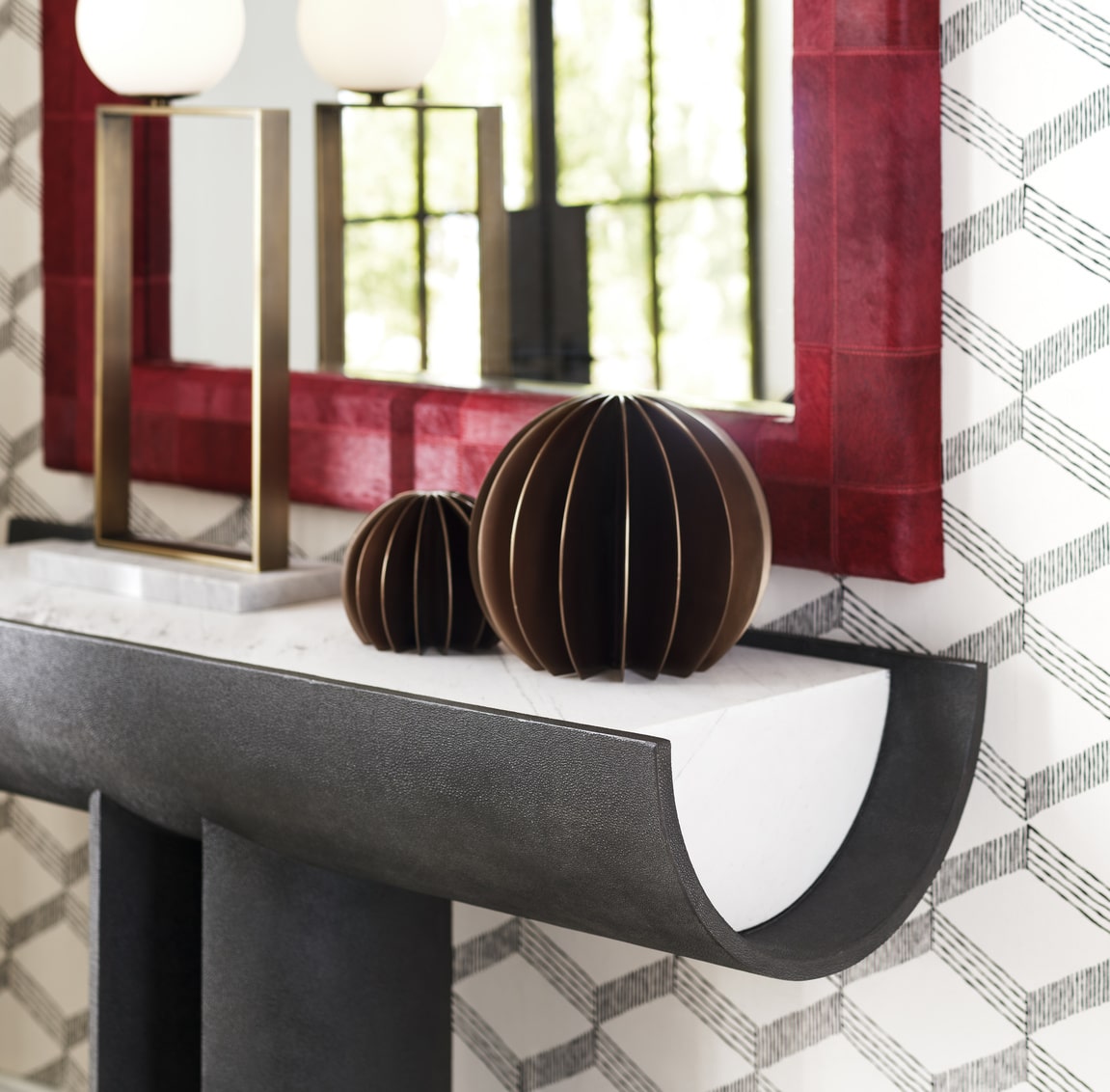 Tauro Patterned Red Hair on Hide Wall Mirror in modern quilted pattern.