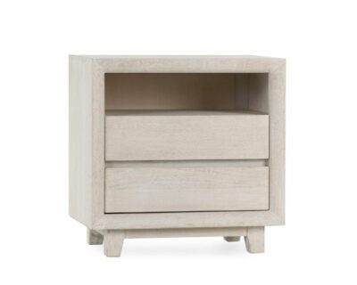 Two-drawer nightstand in light mango wood with splayed legs, showcasing two drawers.