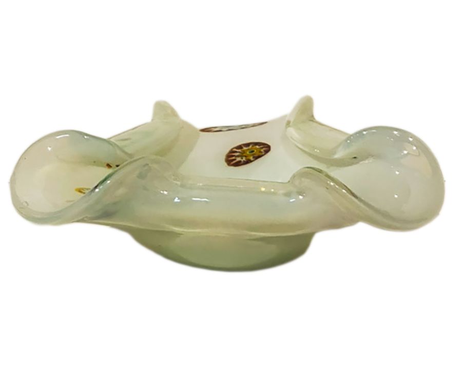 Close-up of vintage Fratelli Toso dish, showcasing its intricate multi-colored embellishments.