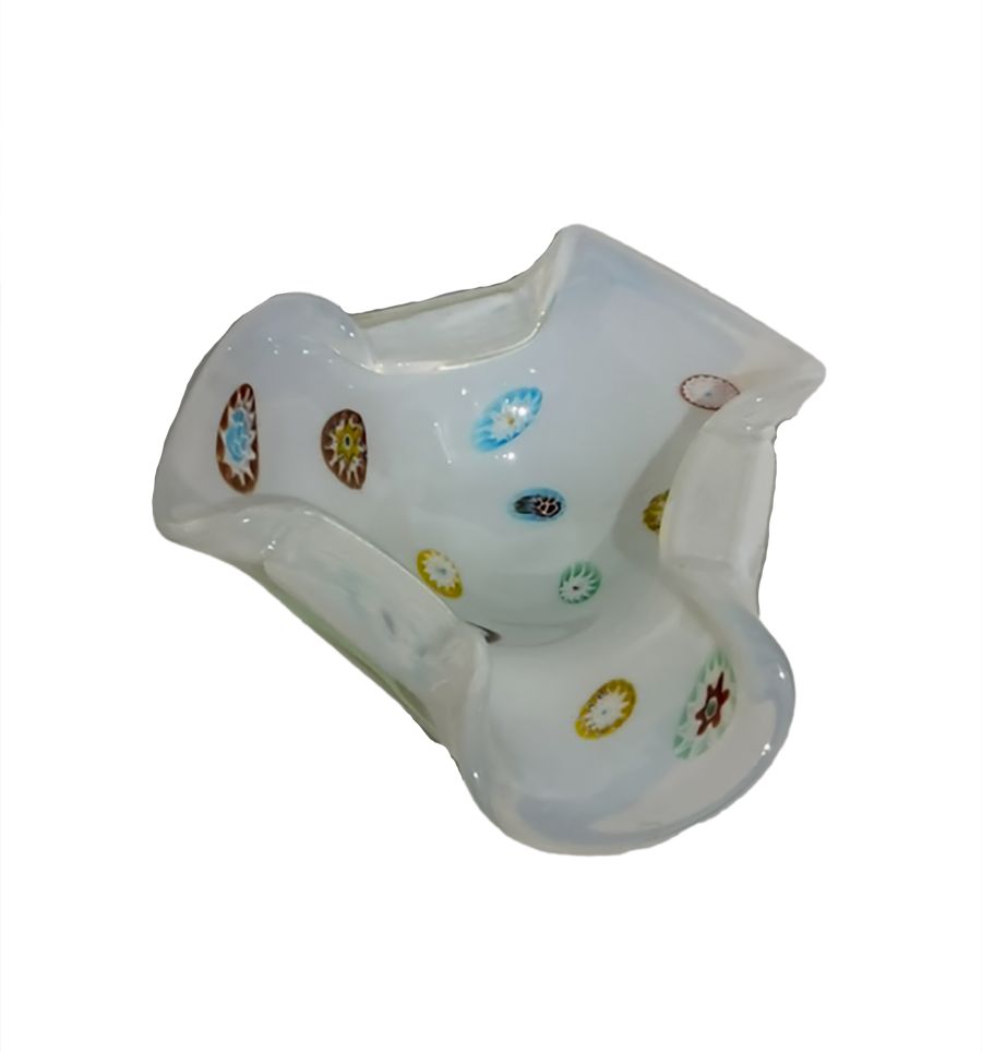 Close-up of vintage Fratelli Toso dish with colorful embellishments.