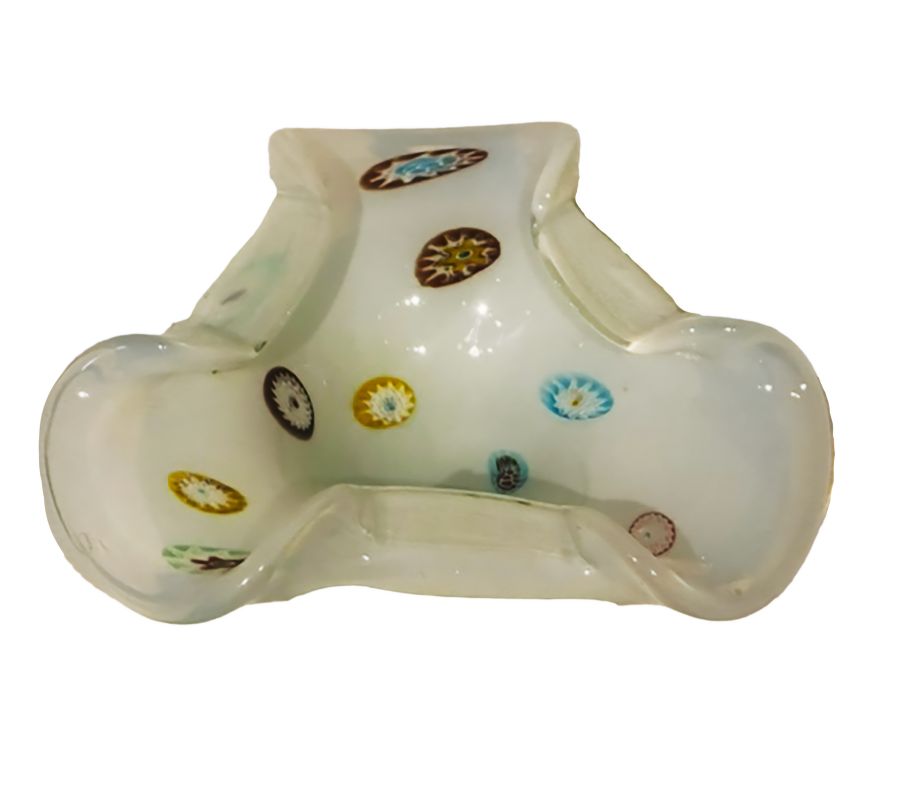 Close-up of Vintage Fratelli Toso Opaque Italian Glass Dish with Multi Colored Embellishments Circa 1950s.