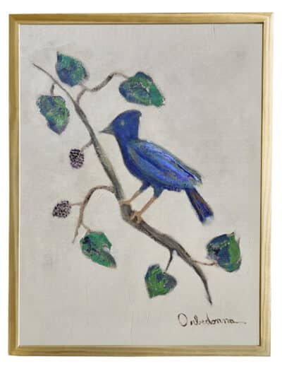 Bird and blackberry vine artwork, framed acrylic on canvas by Orbedonna.