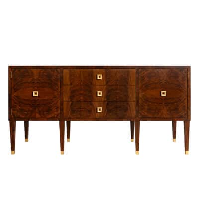 Front view of Eloise Walnut Veneer Buffet with Gold Leafed Hardware.