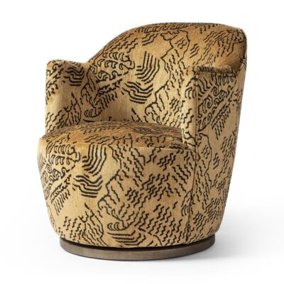 Stylish petite swivel chair in natural ochre, featuring Parawood base and intricate pattern design.