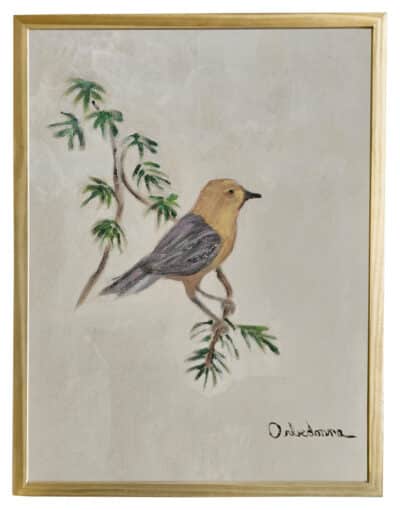 Bird on Bamboo Original Art by Orbedonna, framed acrylic canvas in a wooden frame.