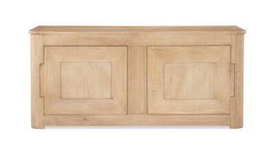 Front view of natural wooden buffet with light finish, two doors, one adjustable shelf, and palm beach style