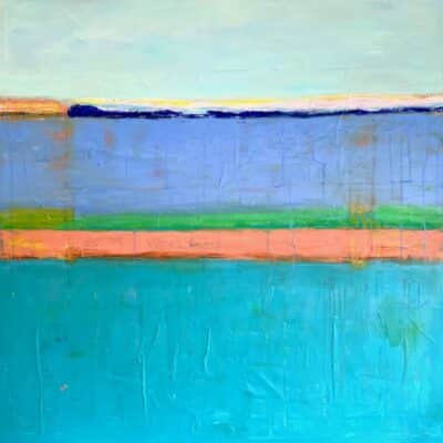 Close-up of vibrant Ocean Break II Original Art featuring layered blues, greens, and orange mixed media on canvas by Leslie Milsten.