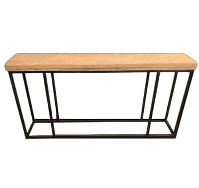 Long wooden console with black metal frame, showcasing reclaimed poplar top in an industrial style.