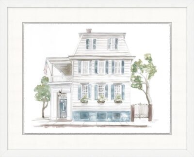 Beach Home 3 Reproduction Art in watercolor, showcasing white house with blue shutters on porch.