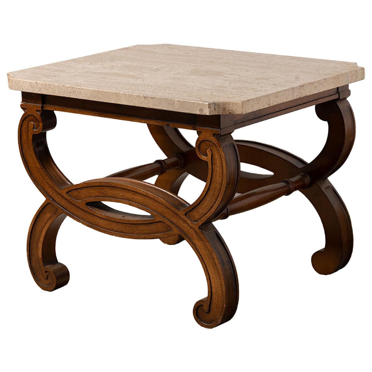 Close-up of vintage travertine coffee table with intricate wooden base, circa 1960s.
