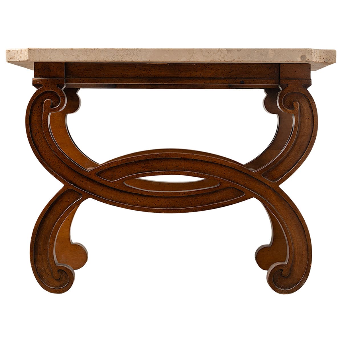 Close-up of Vintage Travertine Coffee Tables with Oval Design and Fruitwood Finish, circa 1960's.