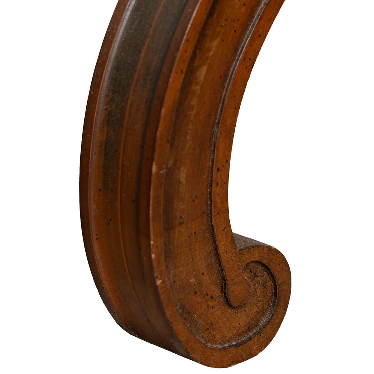 Close-up of vintage travertine coffee table with oval design, fruitwood finish, and wooden base.