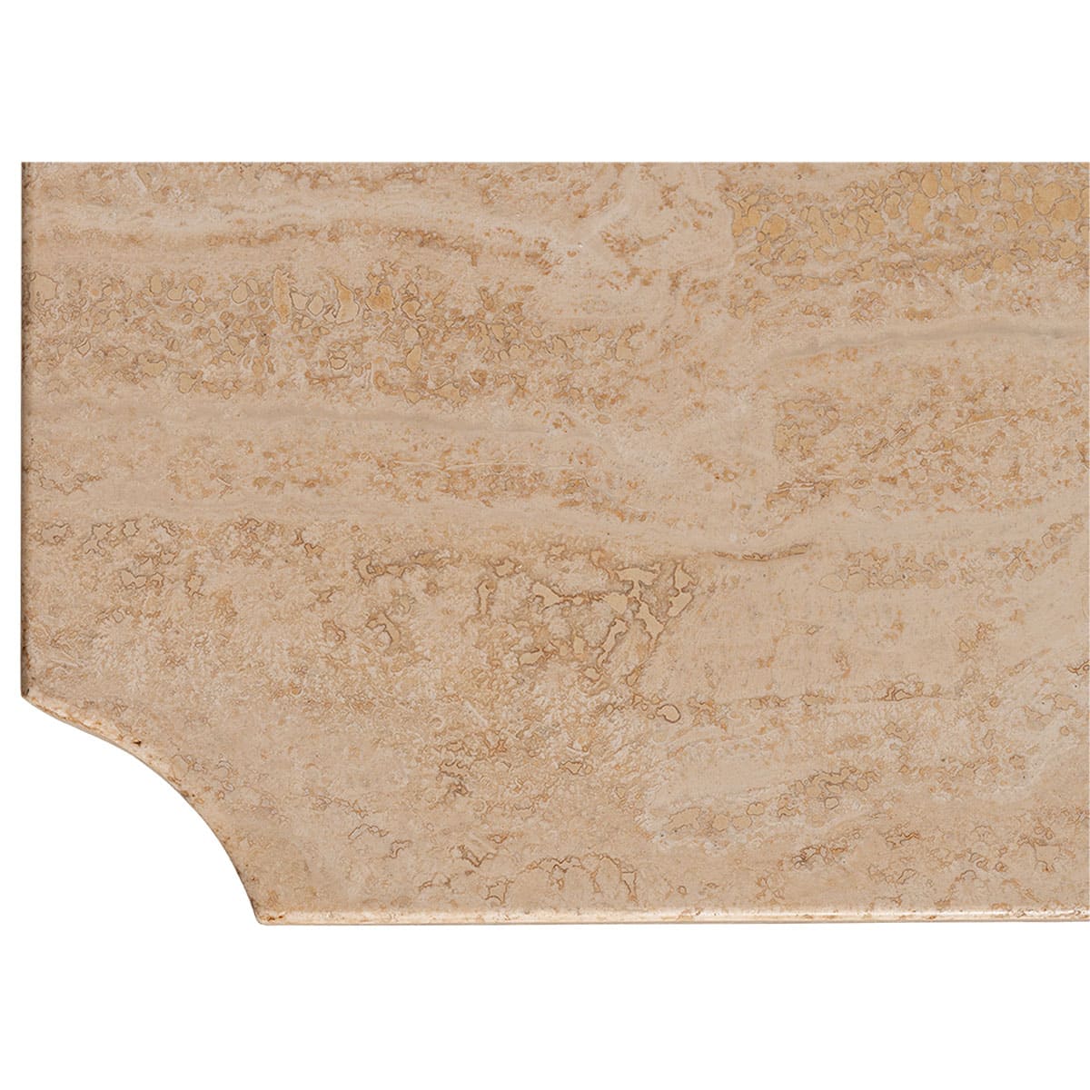 Close-up of travertine coffee table top showing intricate patterns and natural variations in color.