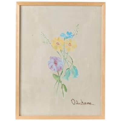 Close-up of Gaillardia and Bluebells botanical art in an acrylic on canvas painting within a natural wood frame by Orbedonna.