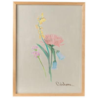Colorful painting of flowers in a wooden frame.