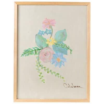 Front view of Rose and Daisy Original Art by Orbedonna, featuring vibrant botanicals on acrylic canvas within a natural wood frame.