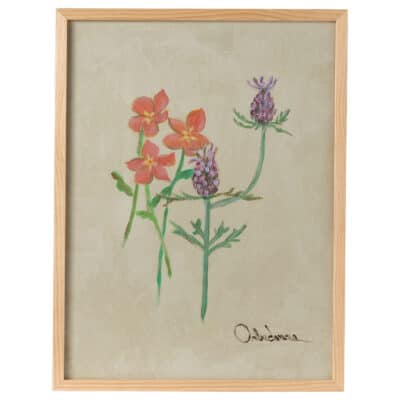 Artful display of thistles and coral flowers in an acrylic painting on canvas, framed in natural wood by Orbedonna.