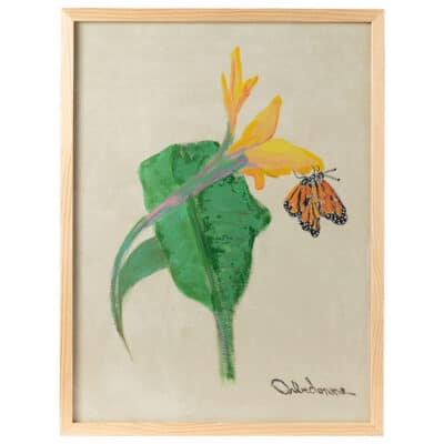 Butterfly perched on vibrant canna lily in acrylic painting with natural wood frame.