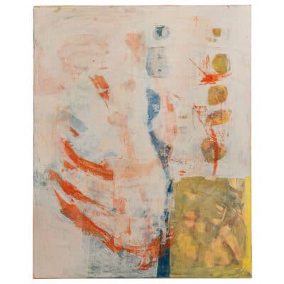 Colorful abstract painting featuring vibrant red, blue, yellow, and white hues on a canvas background.