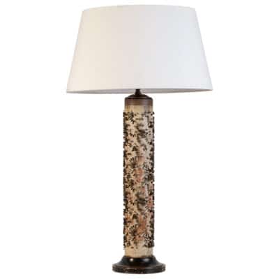 Close-up of Antique Floral Wallpaper Block Cylinder Lamp, showcasing intricate design elements.