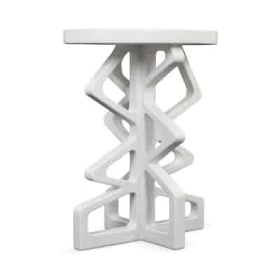 Frost white Kapp side table, close-up of cast resin frame and base in Houston.