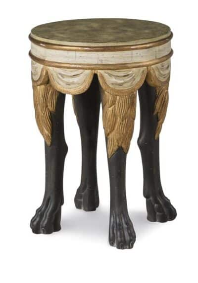 Close-up of Roma Accent Table in Italianate Style featuring faux marble paint, gilding, and paw feet.