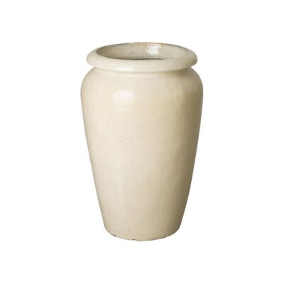 Close-up of tall cream ceramic planter, distressed finish.