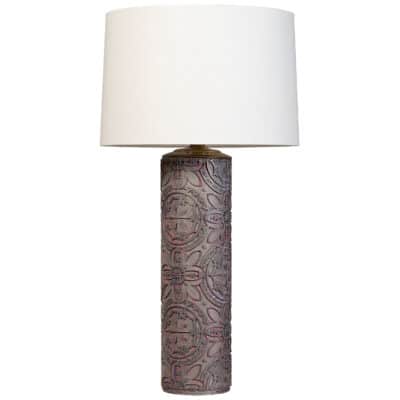 Close-up of Antique Grey Floral Wallpaper Block Cylinder Lamp, showcasing detailed wallpaper texture and unique cylindrical shape.