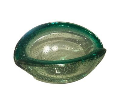 Vintage Oval Green Bubble Murano Glass Ashtray, Close-up of Side Profile.