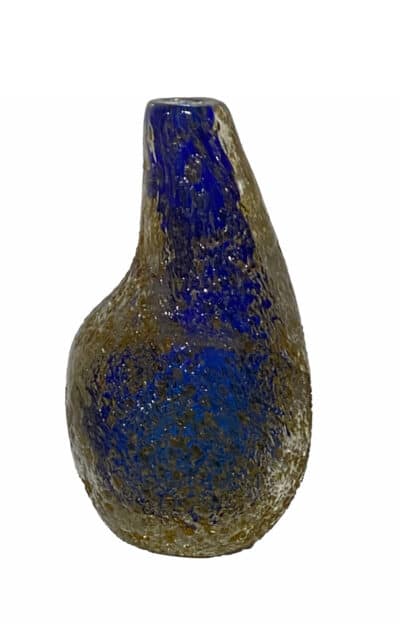 Close-up of vintage Murano blue glass vase with gold infusions, circa 1970s.