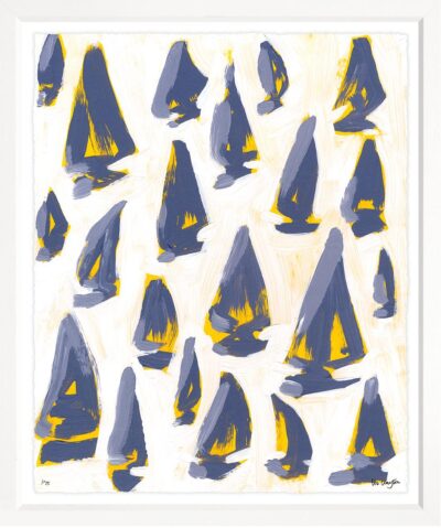 Yellow sailboat art on white background, limited edition giclee print in contemporary frame by Liz Clayton, signed by artist.