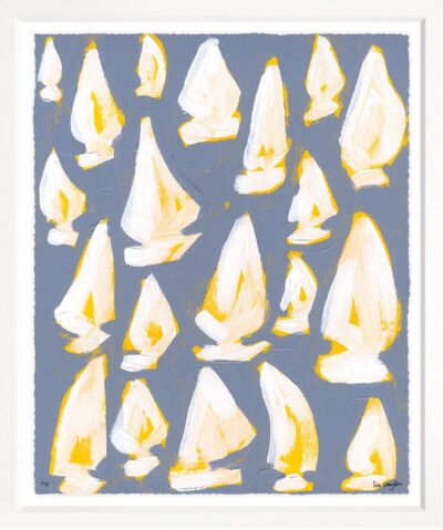 The image shows a reproduction art piece featuring Yellow Boats on Blue Background in a contemporary white frame signed by artist Liz