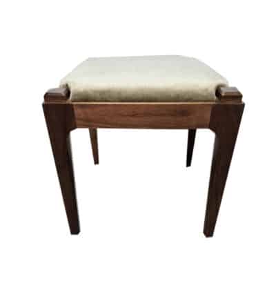 Close-up of Small Walnut Bench with Velvet Upholstery by Orbedonna in Dallas.