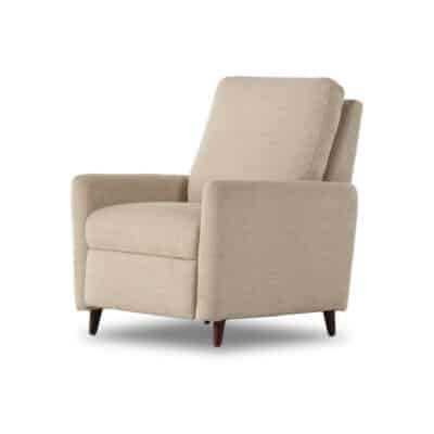 Front view of Wallen Recliner in Nova Taupe, featuring Aged Sienna leg finish and hidden push back functionality.