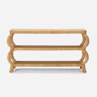 Elegant Rattan Console with Carved Frame, 60 inches long in natural peeled rattan finish.